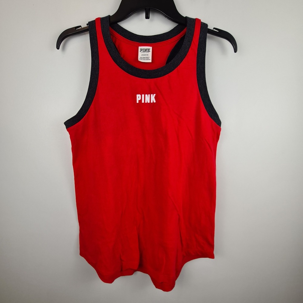 PINK Victoria's Secret Red Racerback Tank Top Small Logo Contrast Trim Sleeves